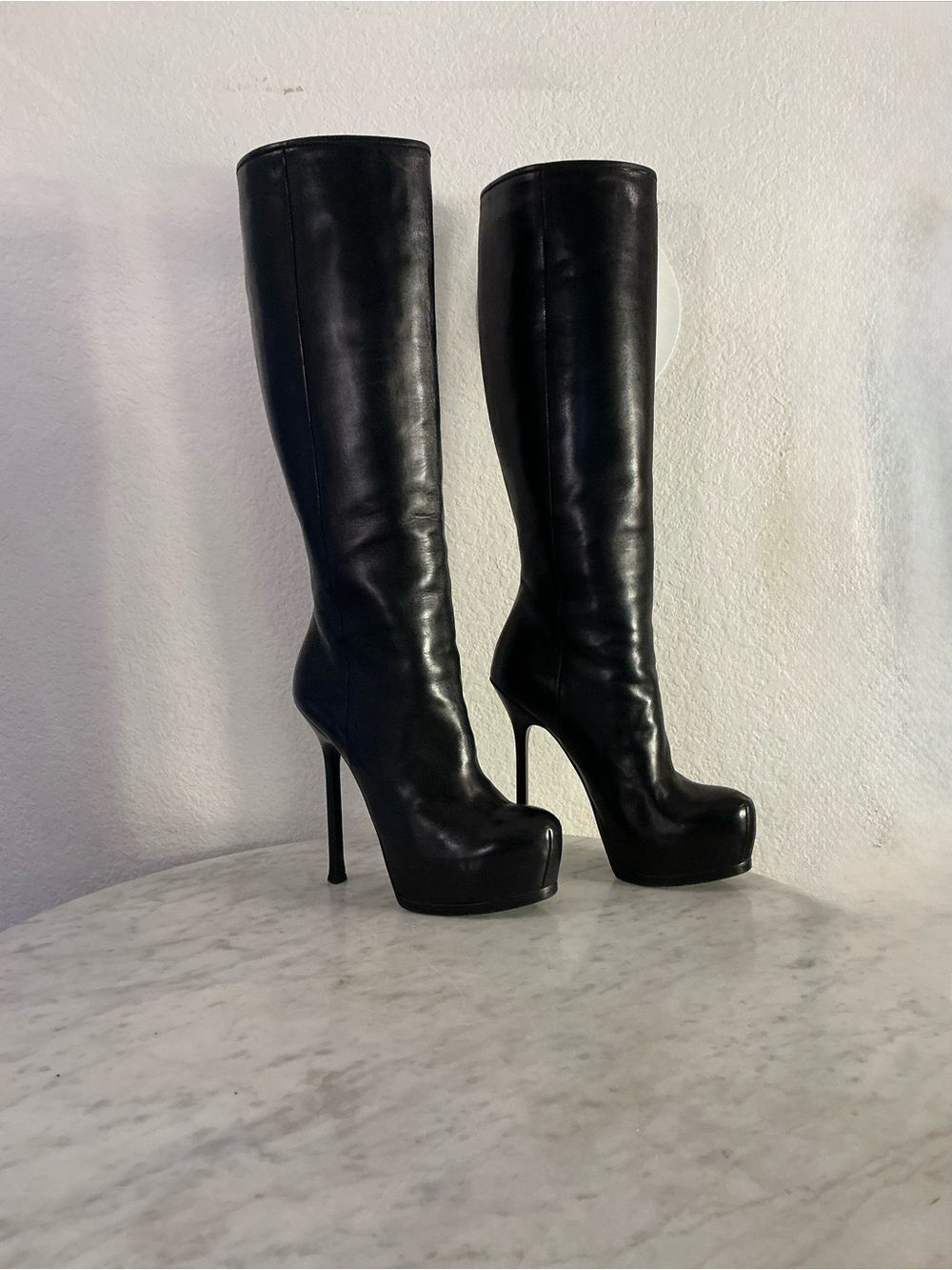 YVES ST LAURENT Classic Black Platform Knee-High Stiletto Boots - Women's SZ 37